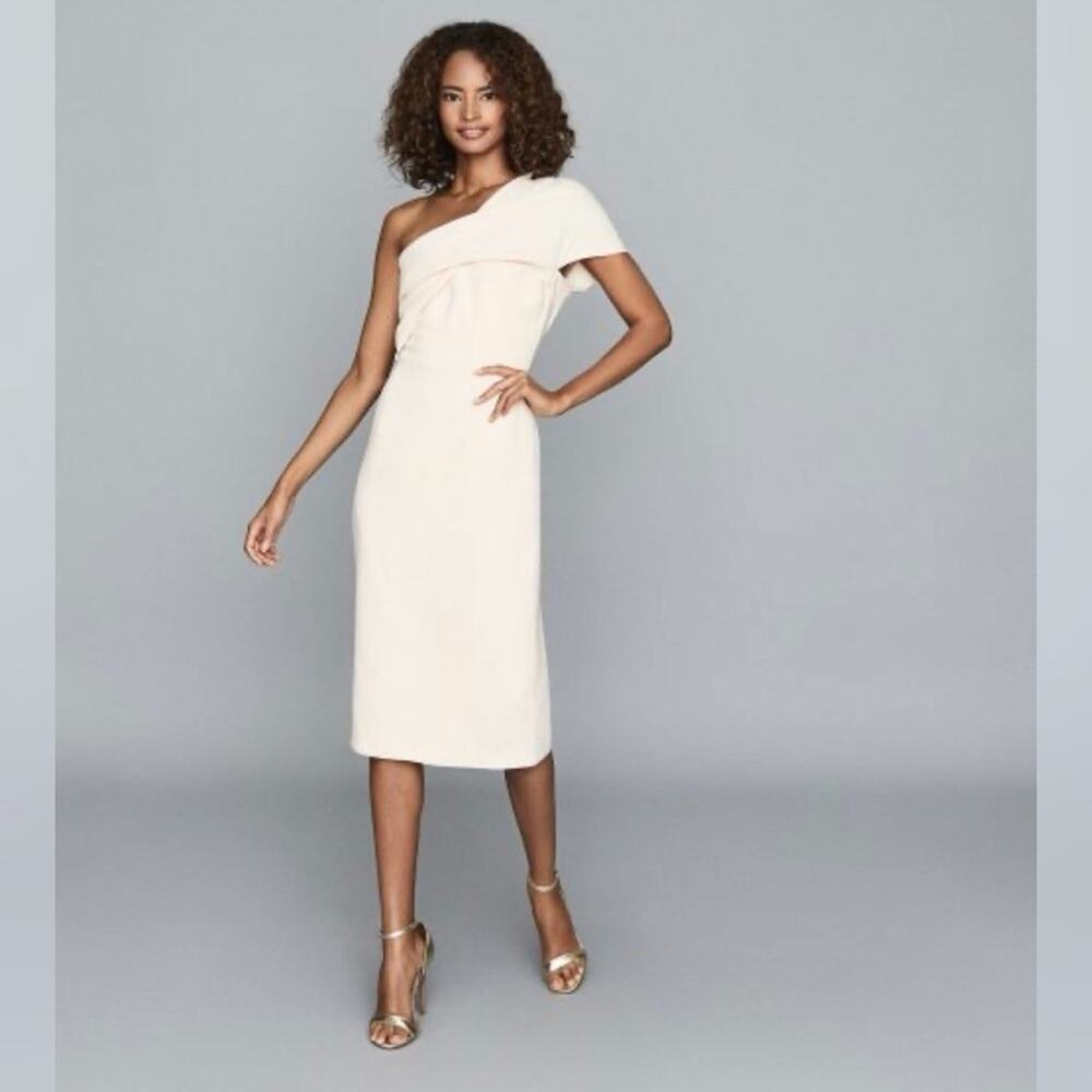 NEW REISS Riana One-Shoulder Pencil Midi Dress in Pale Pink, Women's Size 0 $325